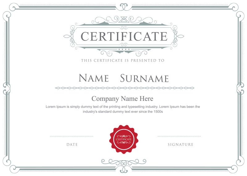 灰色花纹边框的矢量证书设计