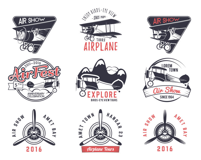 创意矢量复古老式飞机插图标志设计