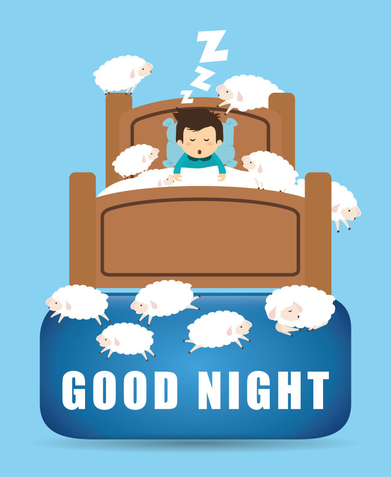 睡在羊堆里的男孩矢量卡通插图