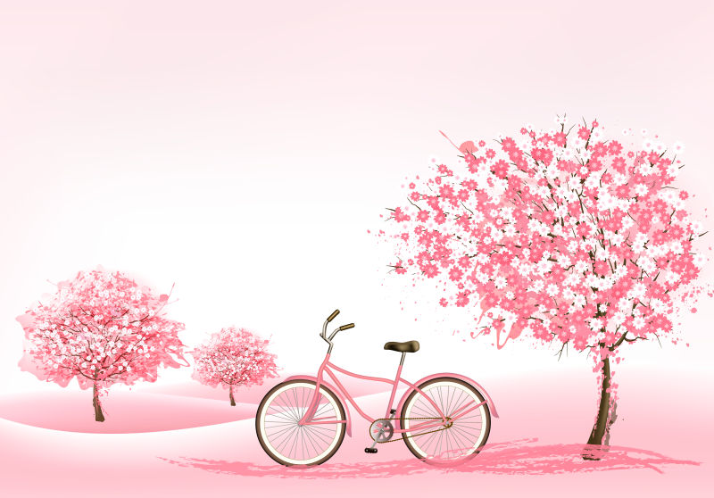 樱花树和自行车矢量插图设计