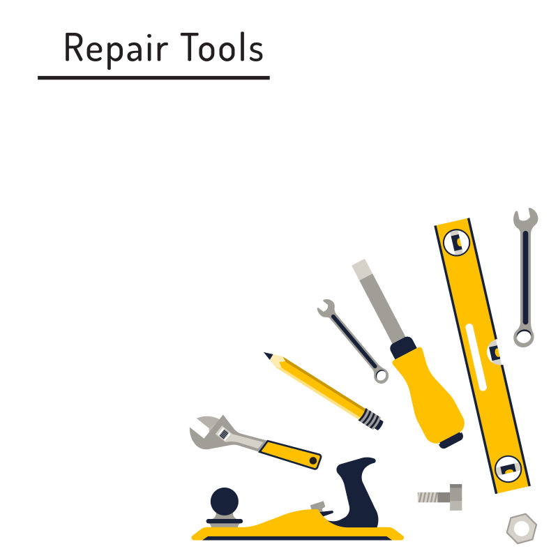 白色背景下的黄色修理工具矢量插图