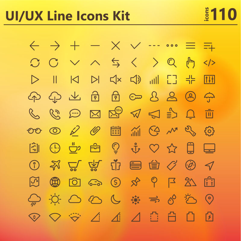 黄色背景下的矢量线形UI和UX图标设计