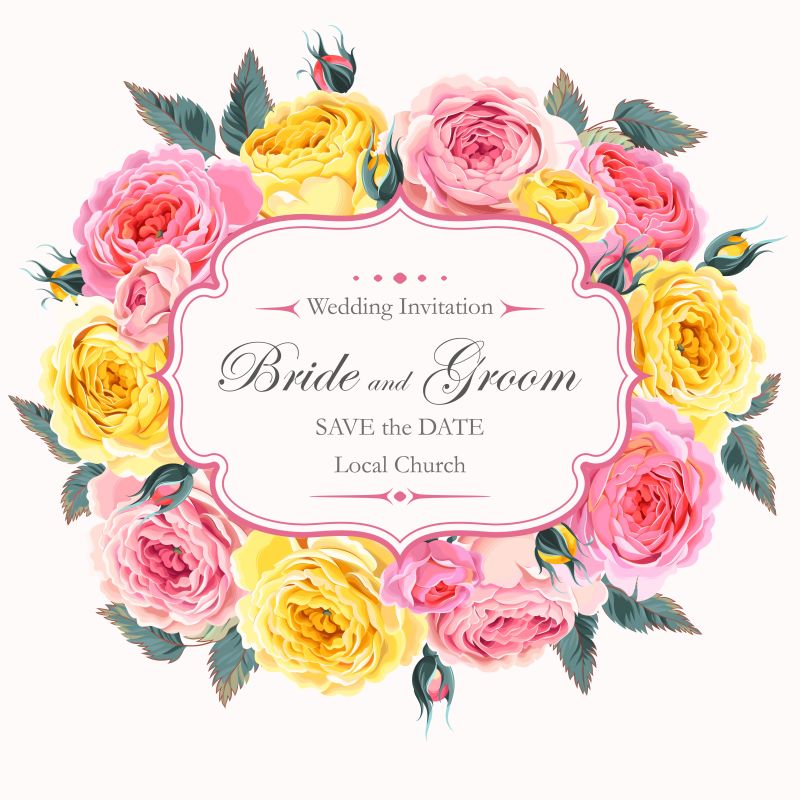 创意矢量粉色黄色的花卉婚礼请柬设计