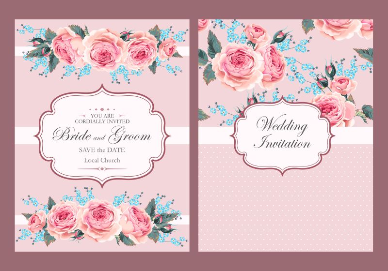矢量粉色浪漫婚礼花卉请帖设计