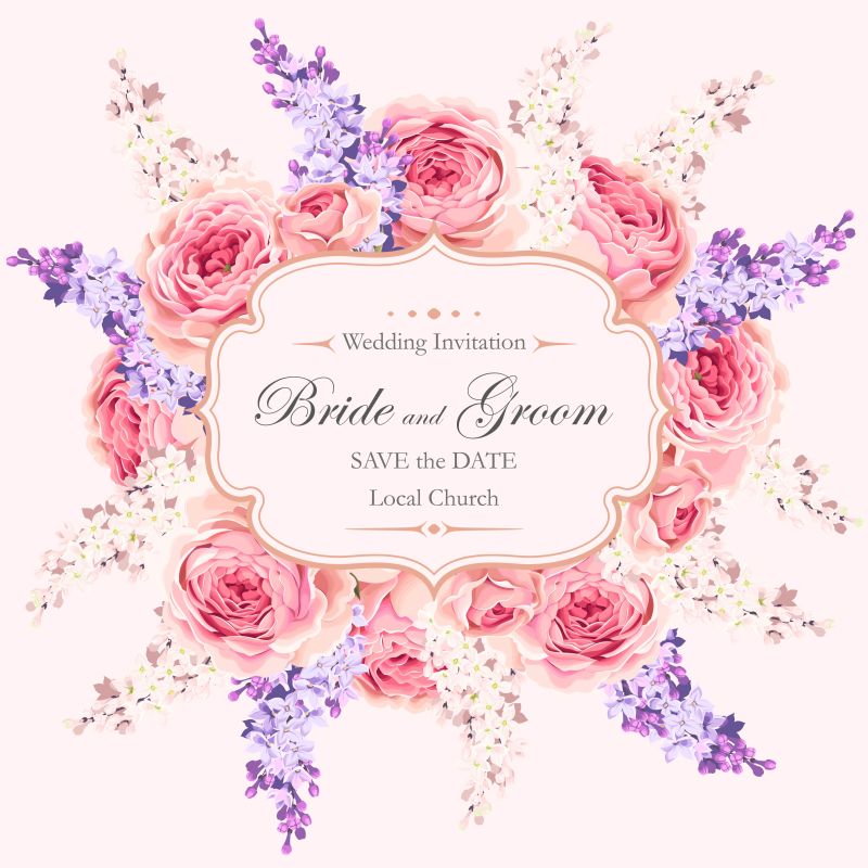 创意矢量粉色花卉装饰设计婚礼请柬