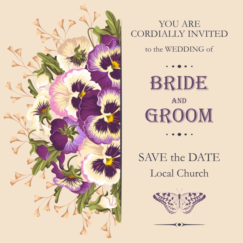 矢量创意三色堇元素的婚礼请帖
