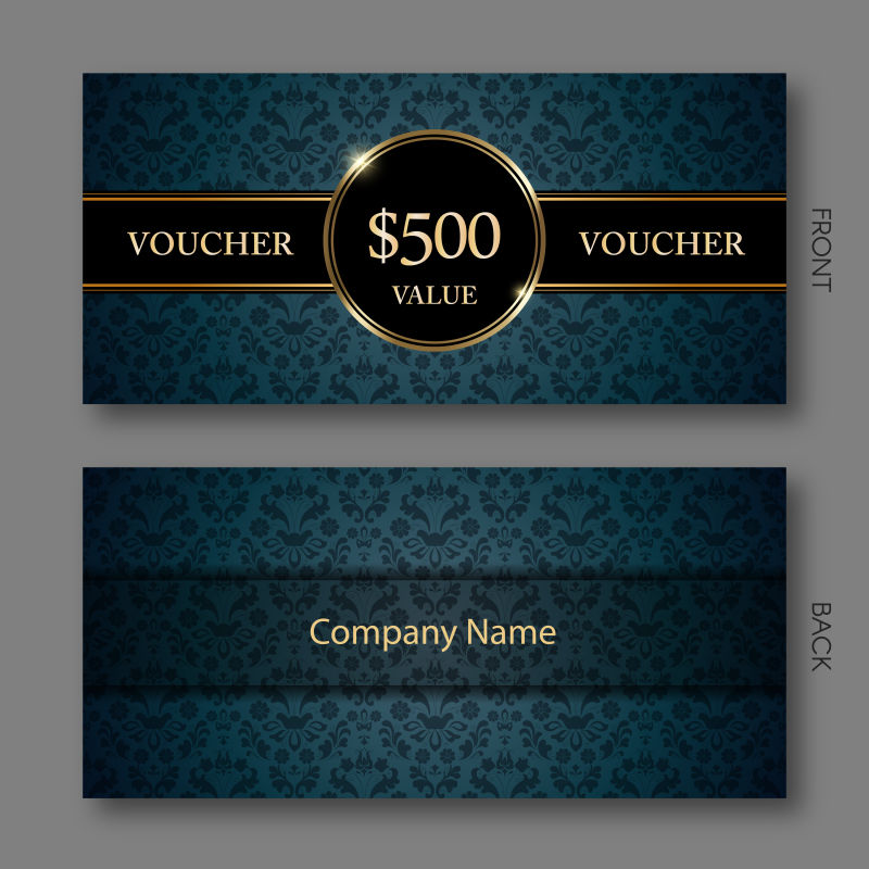 矢量深蓝色花朵暗纹的优惠券设计