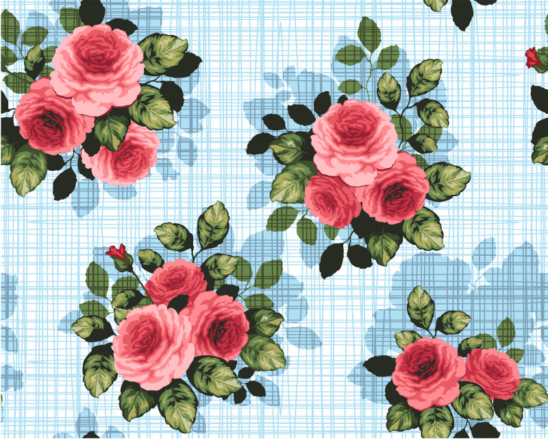 矢量格子背景上的玫瑰无缝背景