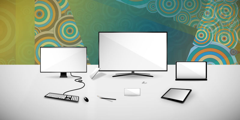 创意矢量彩色背景上的空白屏幕的办公设备