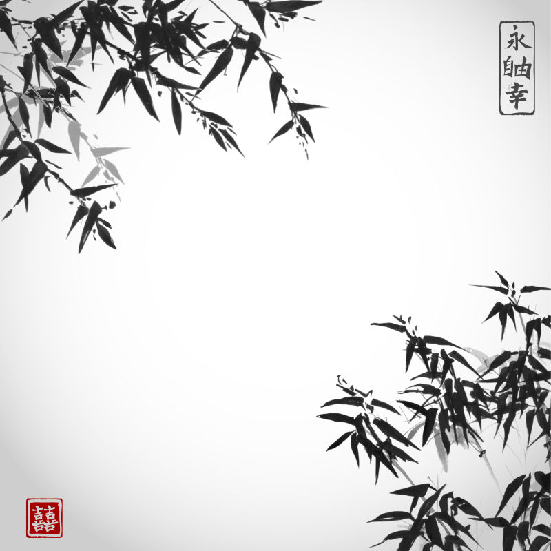 白色背景下的手绘竹子矢量水墨插图