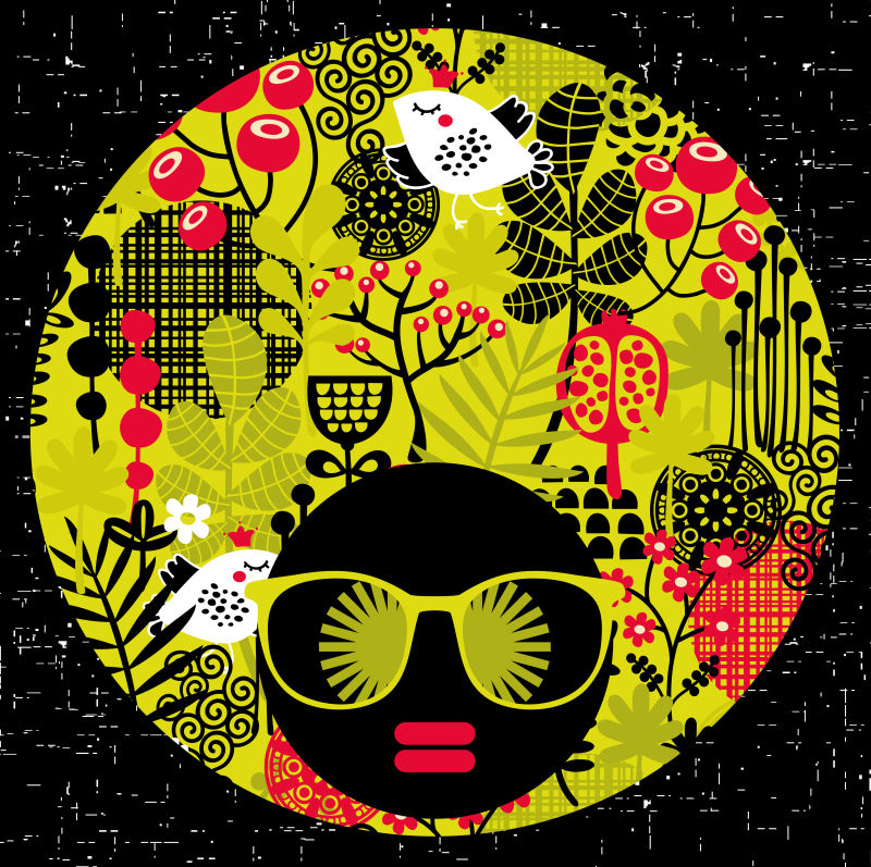 矢量戴现代绿色插图头套的卡通女人