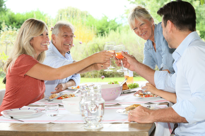 在后院共进午餐的家庭