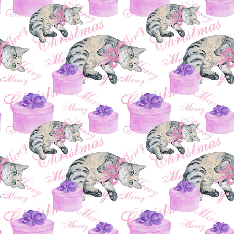 圣诞手绘礼盒和猫的背景