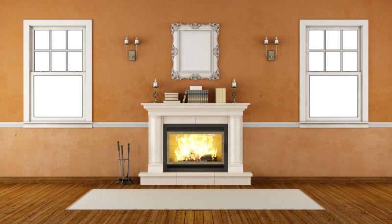 带有壁炉的橘色调的室内立体装修设计