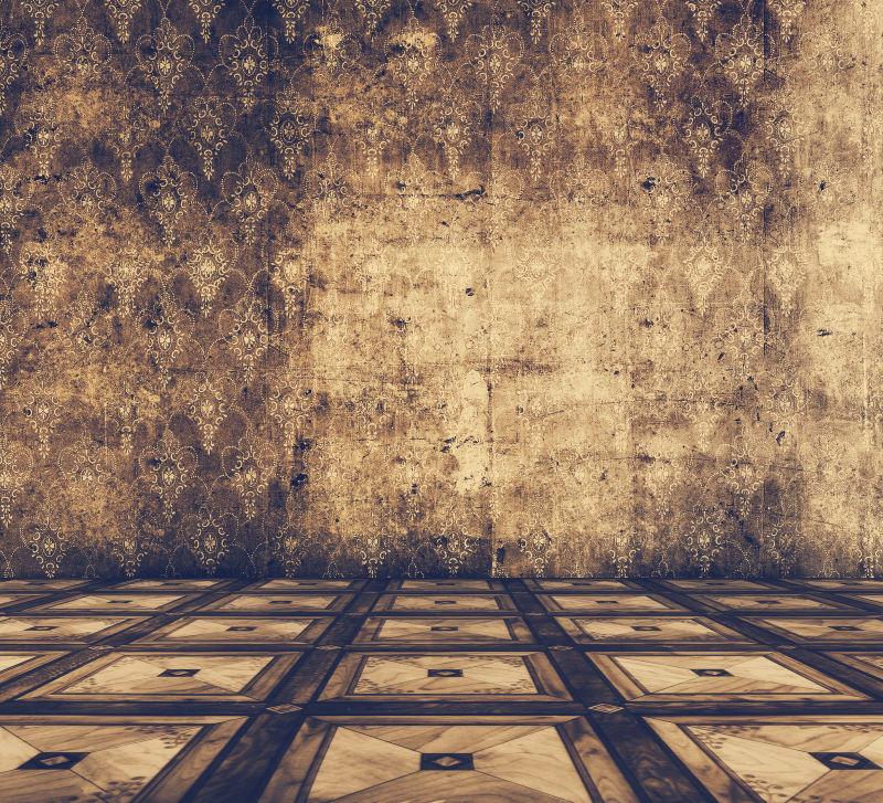 几何图案地板花纹墙饰的复古房间