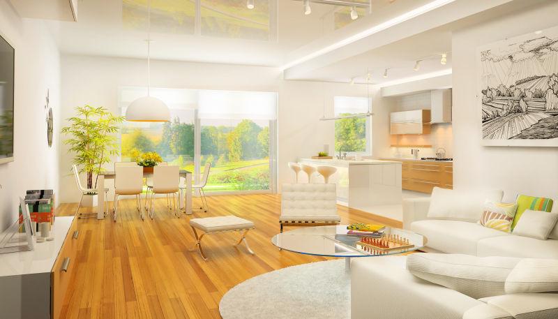 有落地大窗的木地板客厅内部设计效果