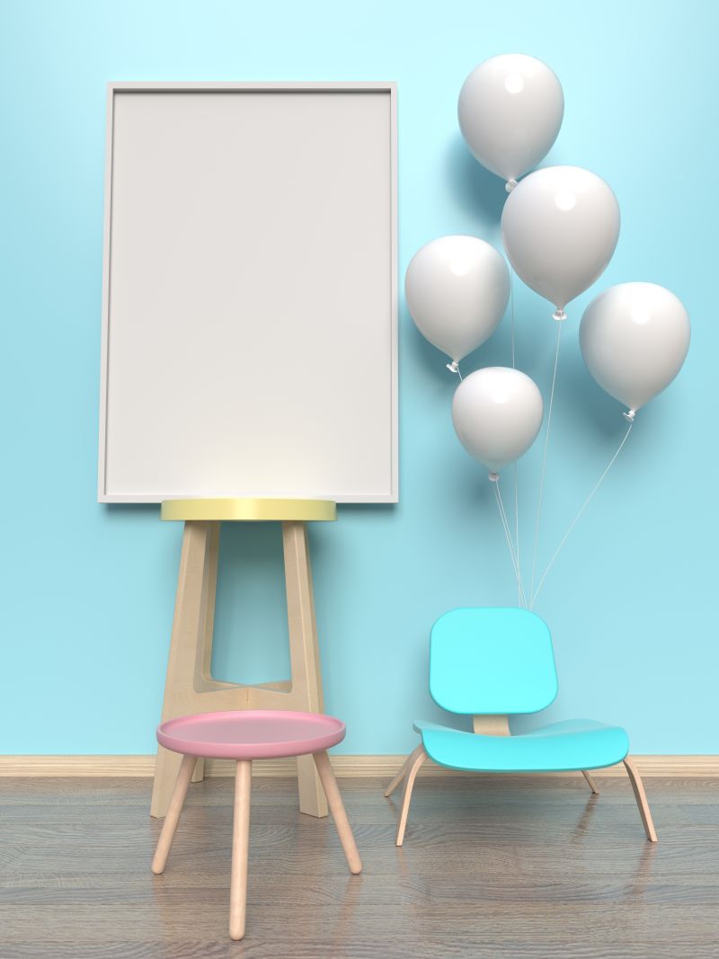 房间内的凳子气球和空白白色画框