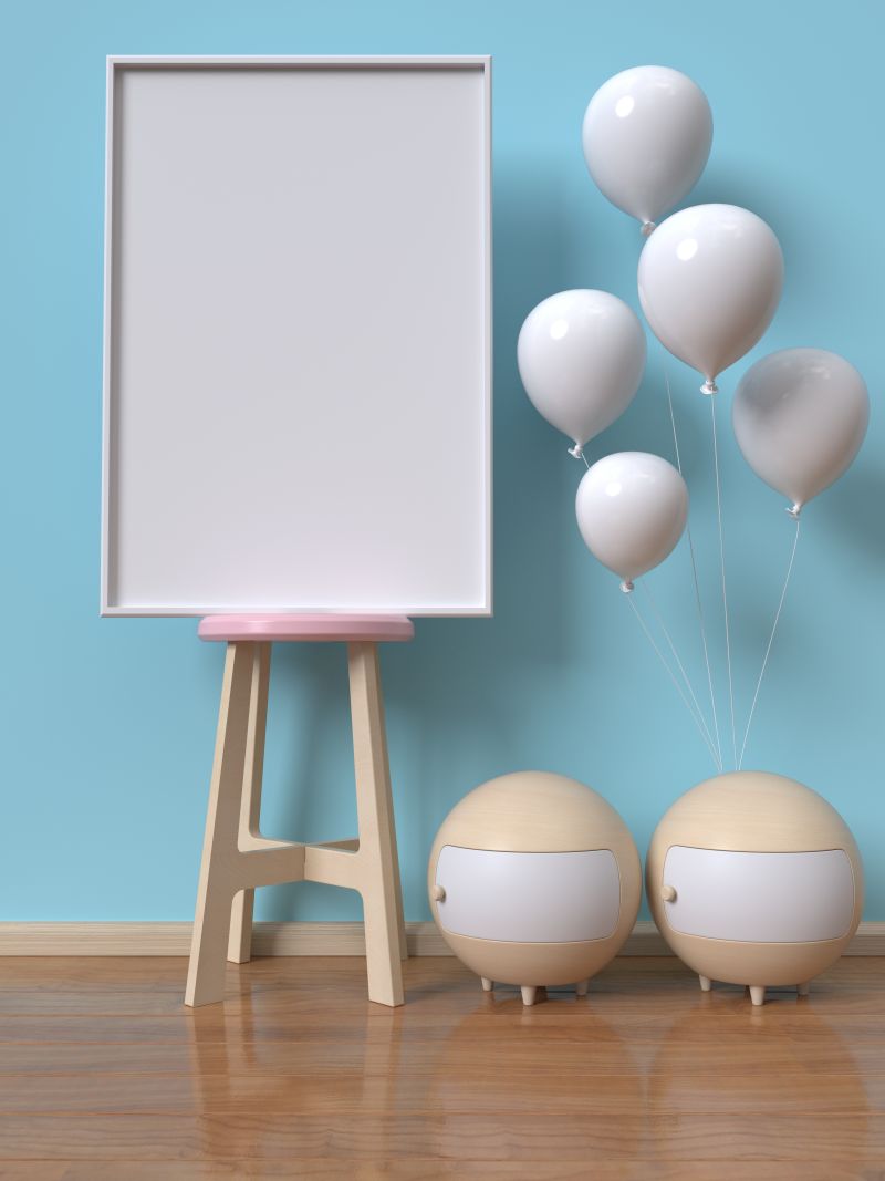 房间内的气球和空白白色画框
