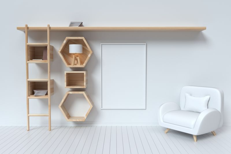 室内的书架沙发和空白白色画框