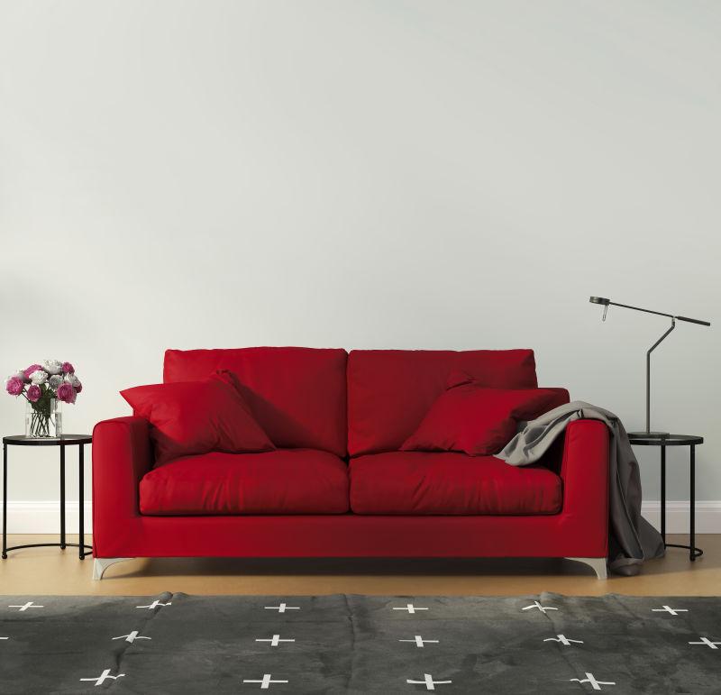 白色背景墙下的简约现代客厅里的红色沙发