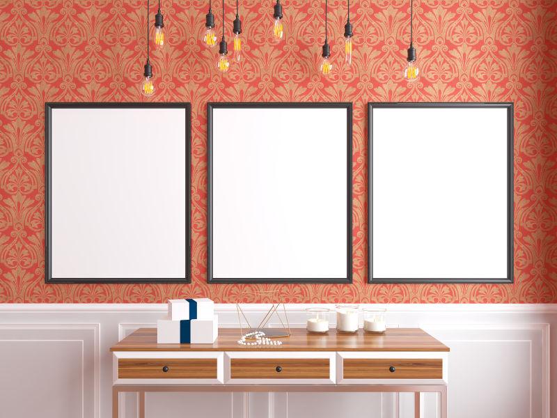 室内设计的墙壁上的空白相框