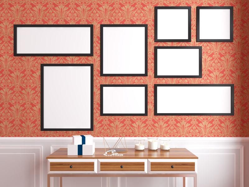 抽屉柜上方墙上的空白相框