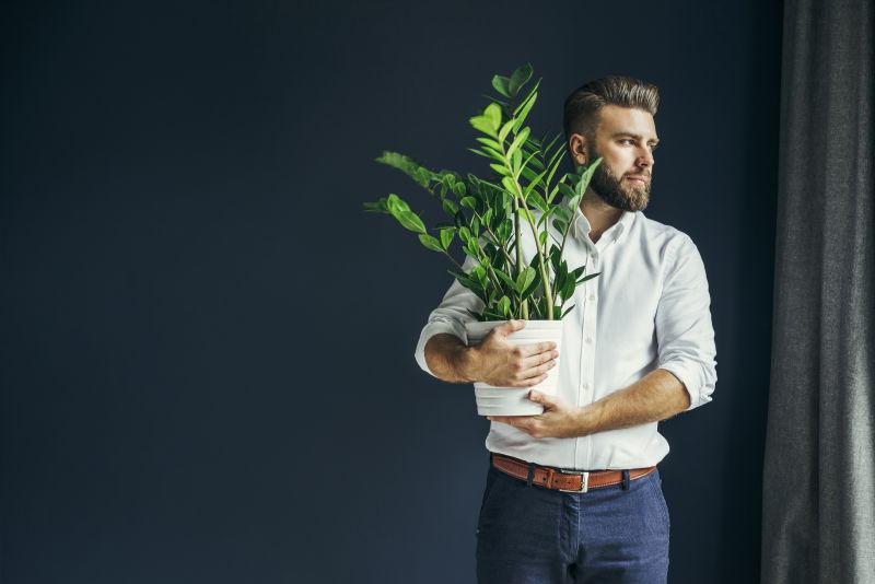 年轻的胡须男人手中抱着一盆绿色的植物盆栽