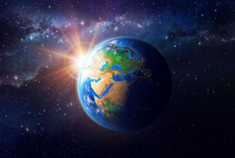 太空中收太阳光照射的蓝色地球