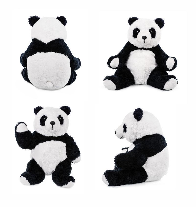 白色背景上不同角度的熊猫玩具