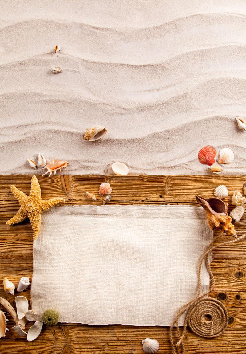 夏日沙滩上的海星和美丽的贝壳