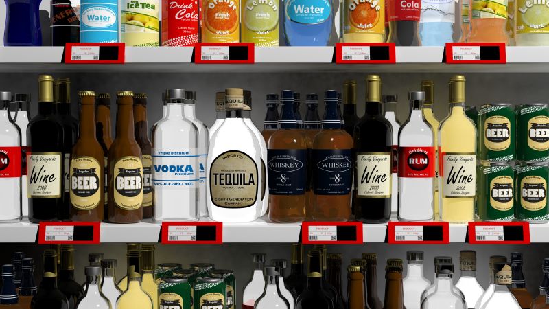 超市货架上的各种酒水饮料
