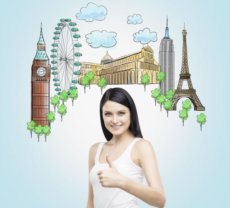 淡蓝色背景中最著名的地方的素描和漂亮的女人