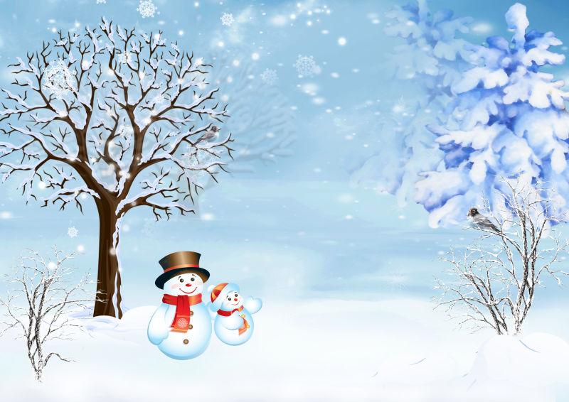 冬季背景中的两个圣诞雪人