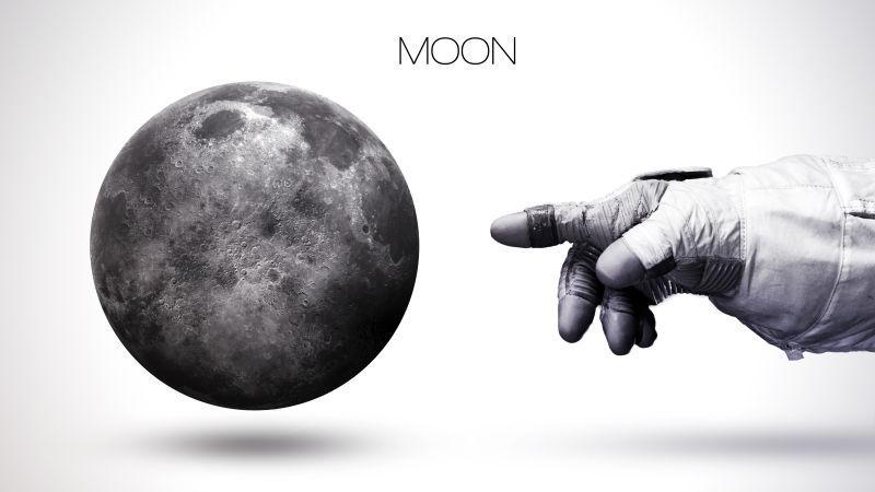 白色背景下宇航员的手指向月球