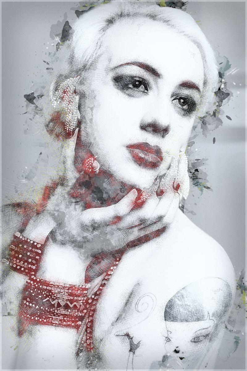 戴着红色珠宝首饰的性感美女手绘肖像