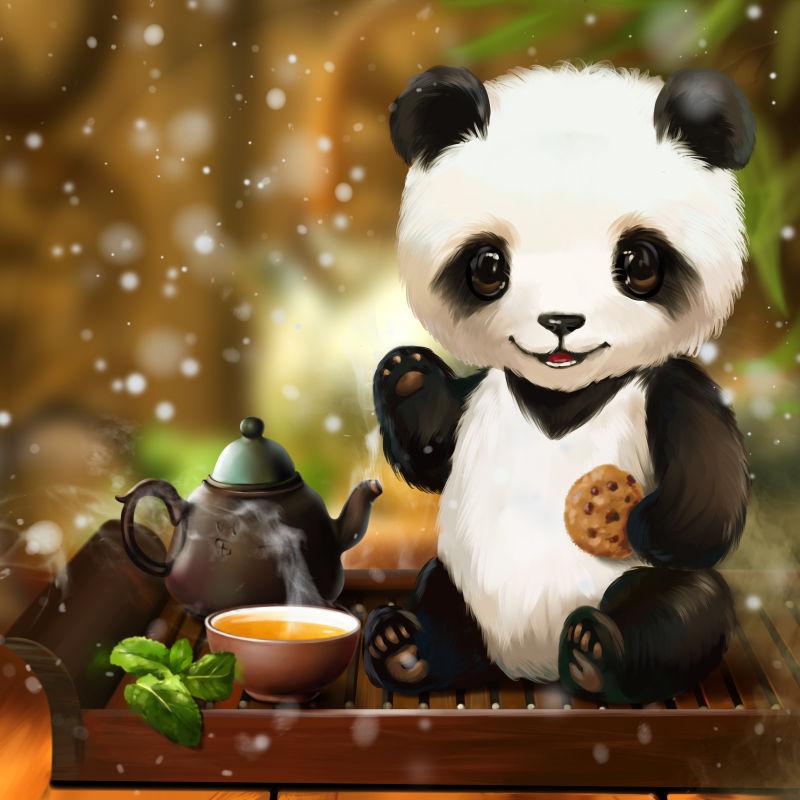 可爱的熊猫吃着饼干喝着茶