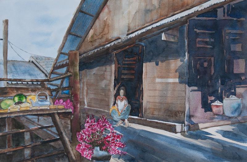 泰国老屋风景水彩画