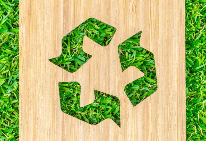 草地上的木板雕刻的环保标识