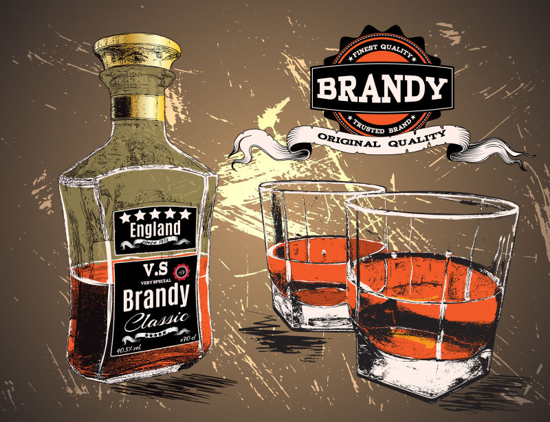 棕色背景下的威士忌标志和酒瓶玻璃杯