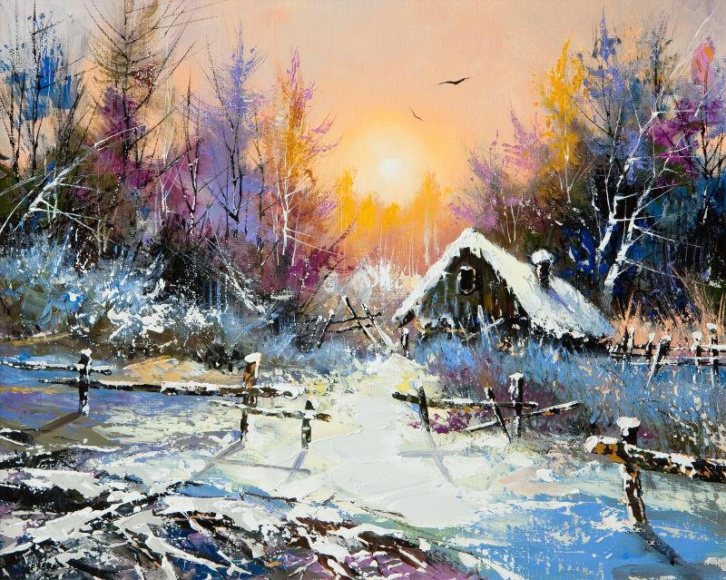 农村冬季景观日出油画