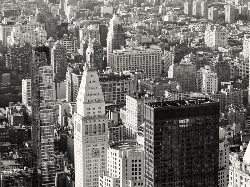 纽约市中心摩天大厦黑白鸟瞰景观