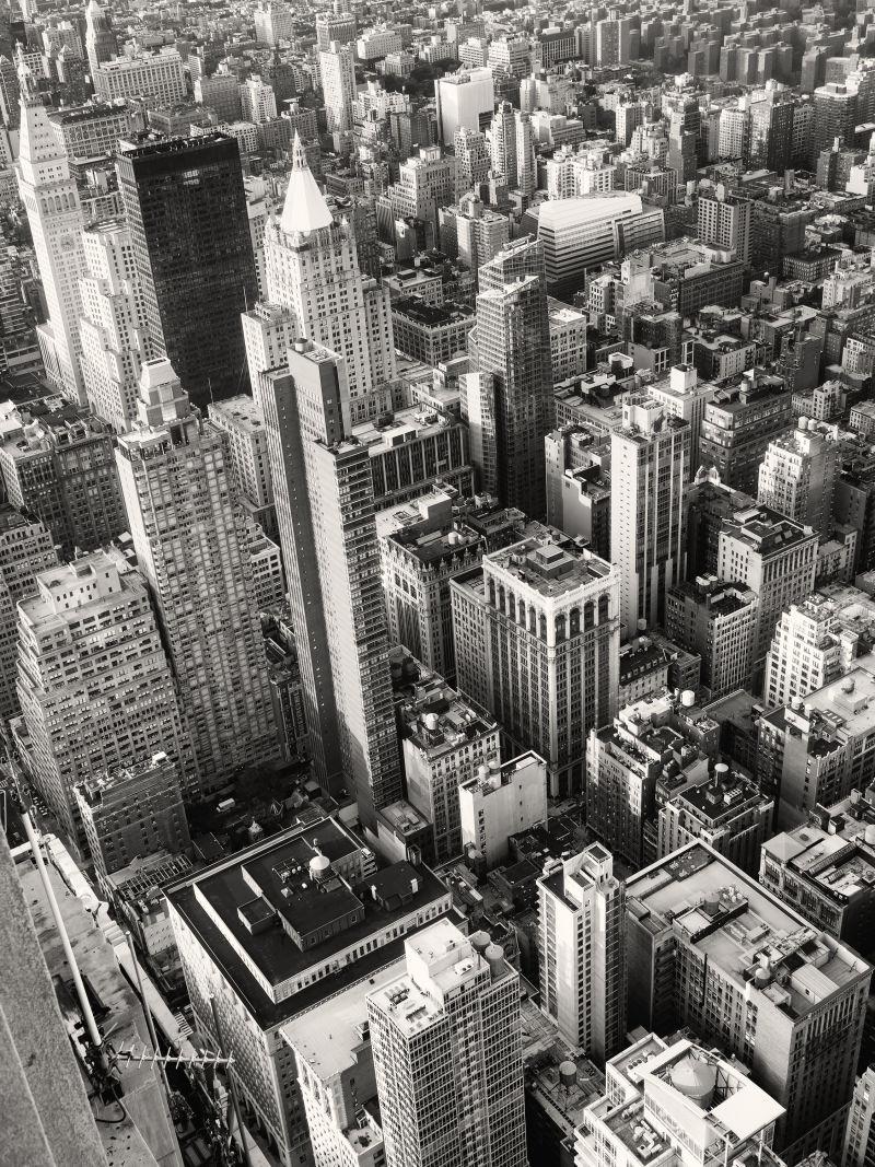 纽约曼哈顿市中心的黑白鸟瞰景观