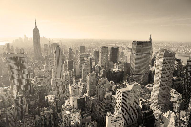 纽约市天际线黑白相间的曼哈顿市中心空中景观