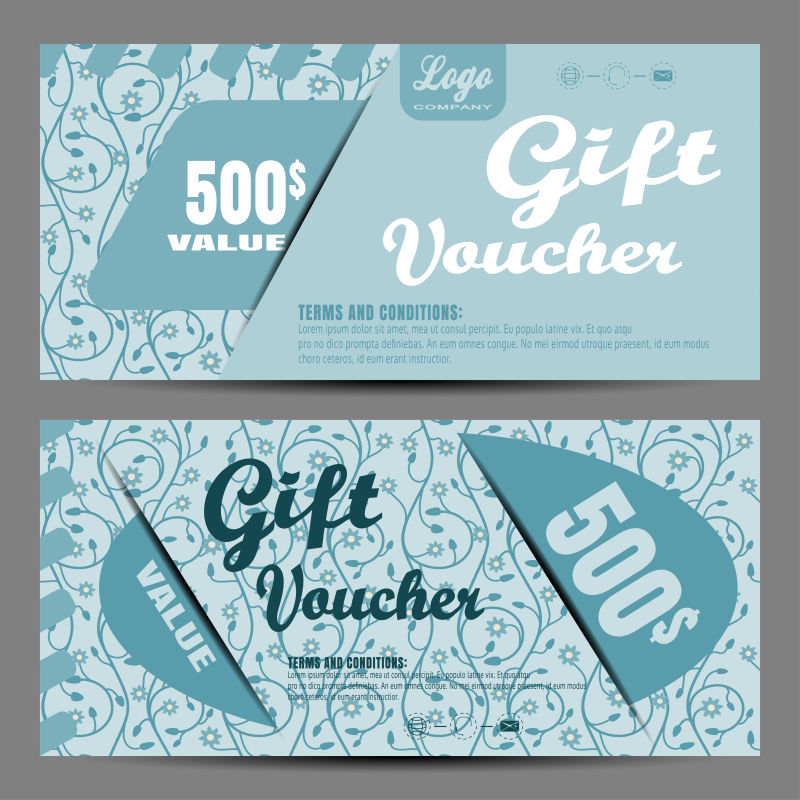 蓝色花卉图案的矢量礼品券设计