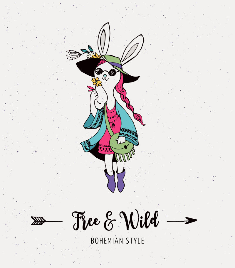 波西米亚风格的兔女孩矢量插图