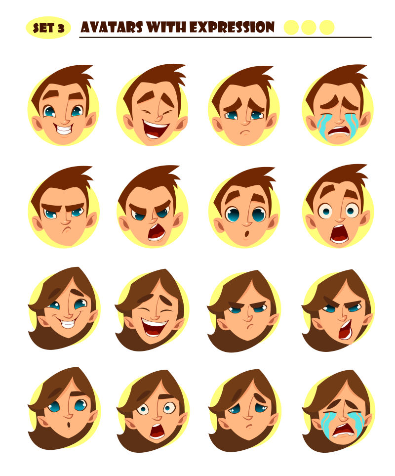 不同表情的男孩和女孩矢量插图