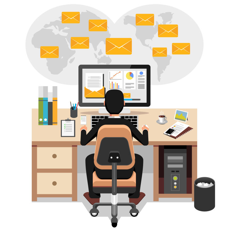 矢量办公人员背影的平面插图 