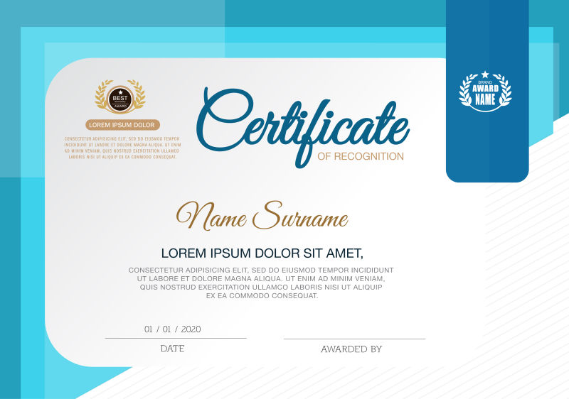 蓝色条形边框的证书矢量设计