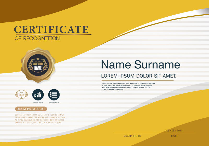 黄色波纹图案的矢量证书设计