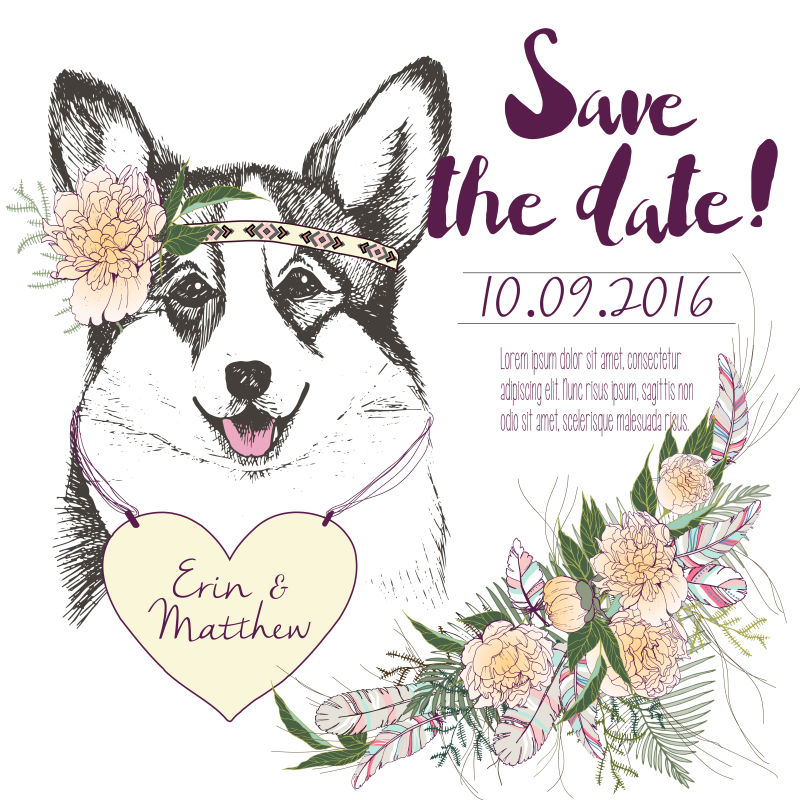 矢量的科尔格狗图案的婚礼邀请卡片